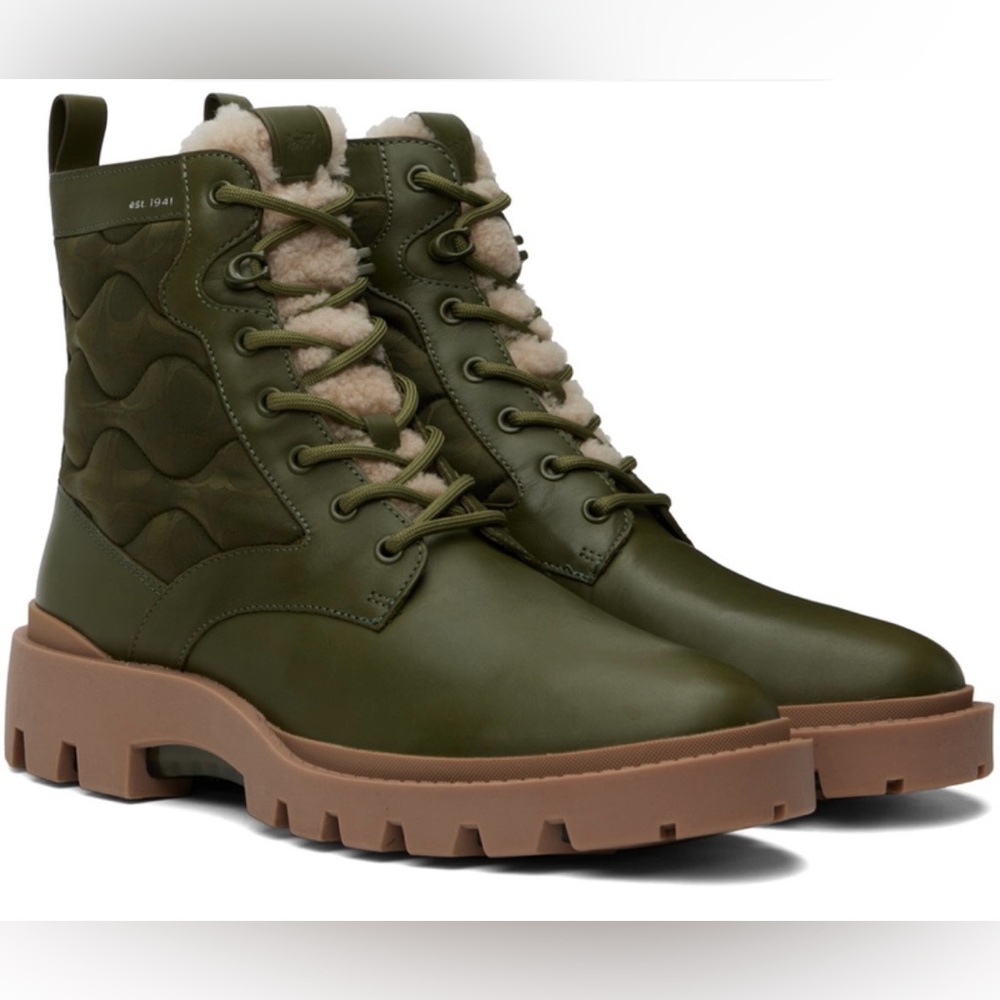 Coach Olive Green Leather Lace-Up Boots with Tan Lug Sole